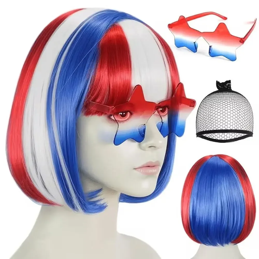 USA Soccer Fan Costume Kit Patriotic Bob Wig with Hair Cap Glasses Halloween New